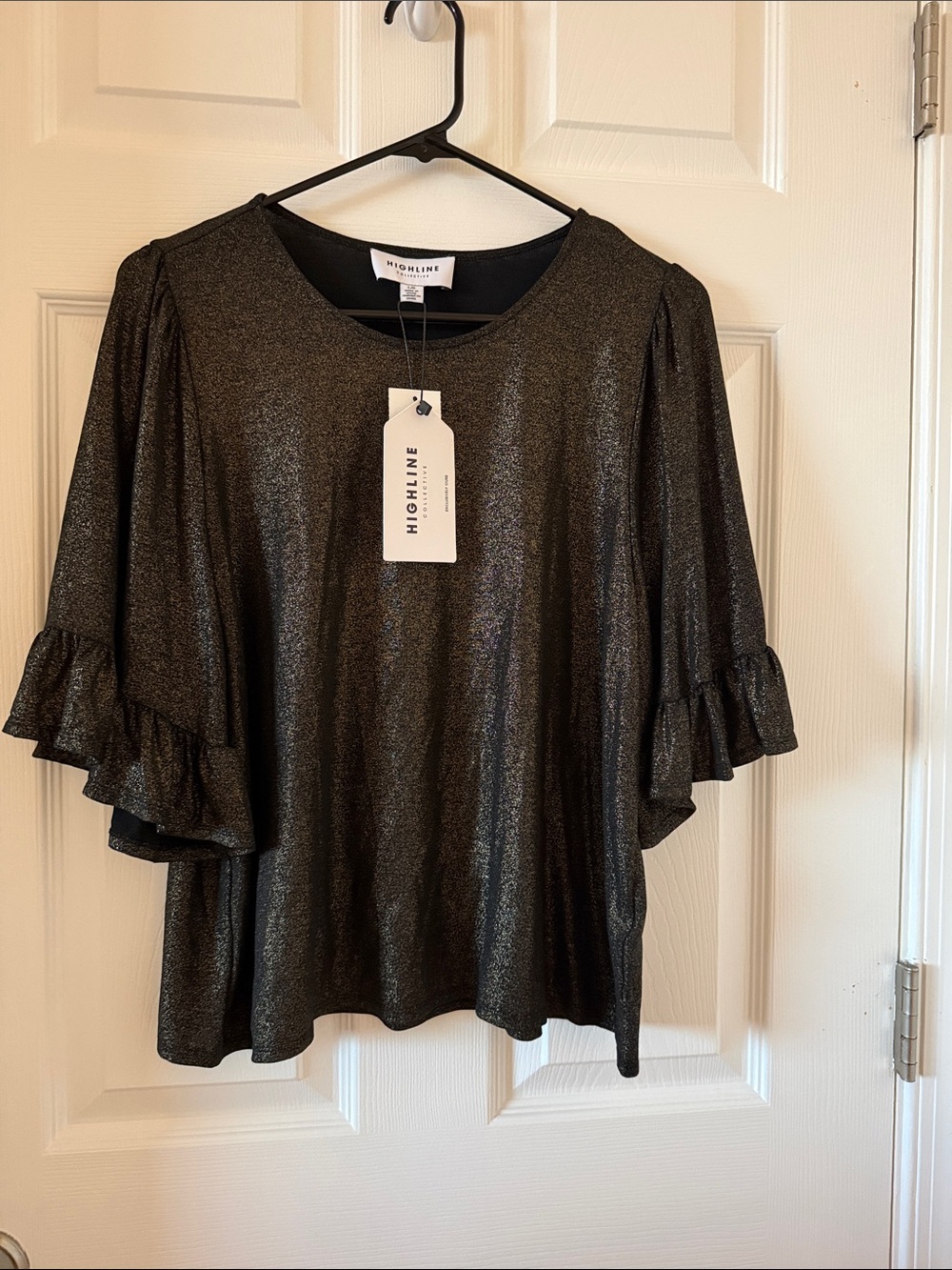 Highline Shimmery Black Ruffle Sleeve Blouse